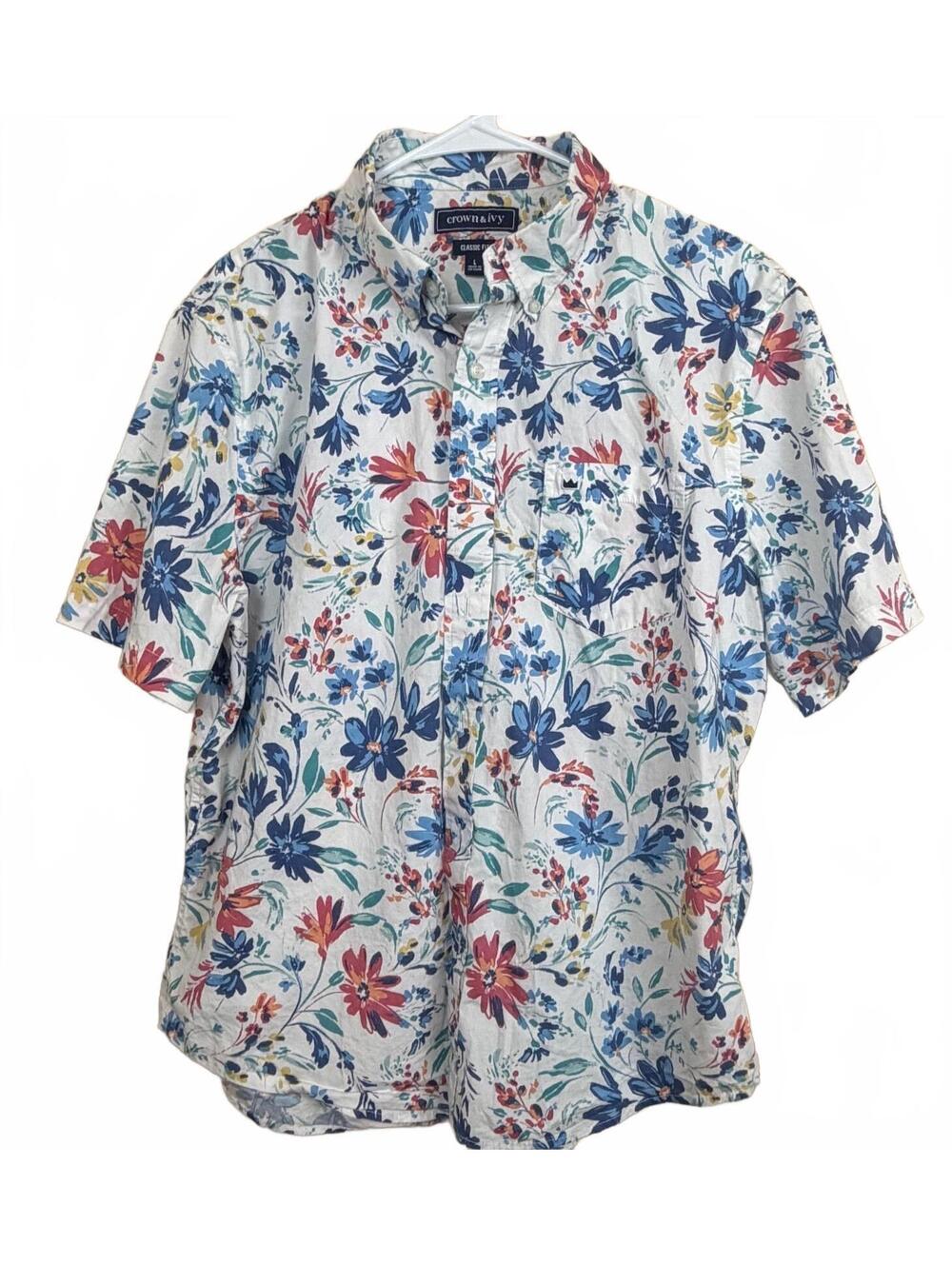 Crown &  Ivy Men’s Floral Printed Poplin short sleeve button up- Large